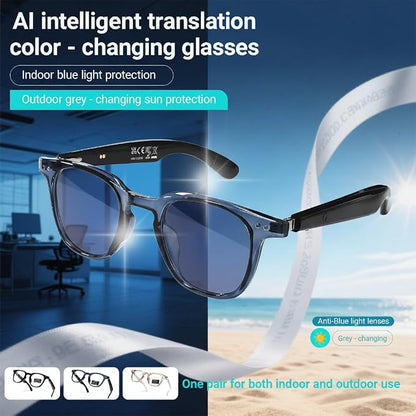 AI Smart 5.4 Bluetooth Glasses with Open Ear Speaker, Voice Assistant Compatible,Real-Time Translation,Auto Color-Changing Lenses for Business&Outdoor Activities.