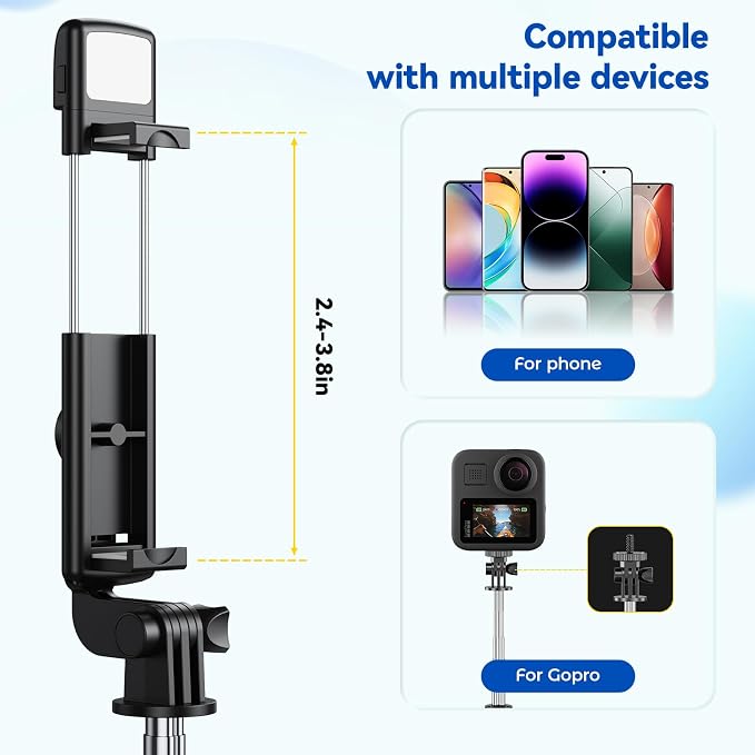 Selfie Stick Tripod with Light, Retractable Selfie Stick Tripod with Wireless Remote Control, for Photograph, Live Streaming, Video Recording, Compatible with 4-7'' Smartphone