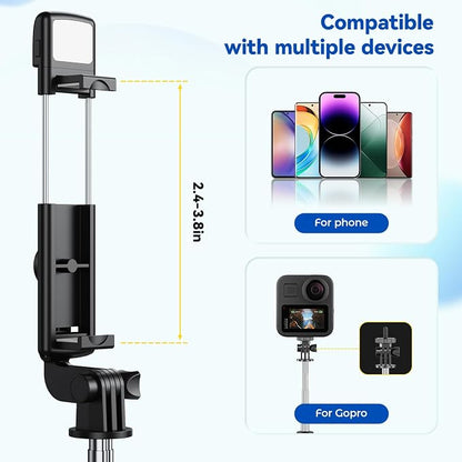 Selfie Stick Tripod with Light, Retractable Selfie Stick Tripod with Wireless Remote Control, for Photograph, Live Streaming, Video Recording, Compatible with 4-7'' Smartphone