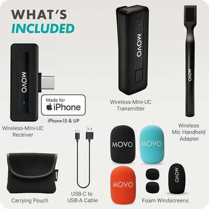 Movo Wireless Mini UC Ultra Compact Wireless Lavalier Microphone for iPhone 15/16/17 and up with WMX-HM Handheld Adapter - Lapel Mic with Handle Mount for Content Creators, Interviews, Reporting