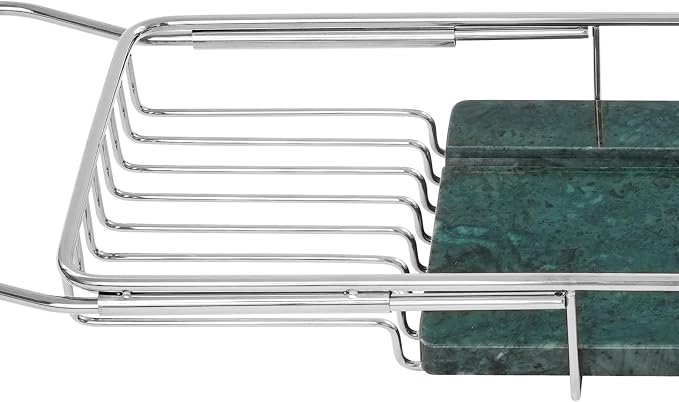 Expandable Bathtub Tray Caddy for Luxury Bath, Extra Wide Acrylic Tub Tray with Natural Marble Board, Waterproof Bath Tub Shelf for Phone, Wine, Book, Tablet Stand - Ideal Home Spa (Silver, Green)