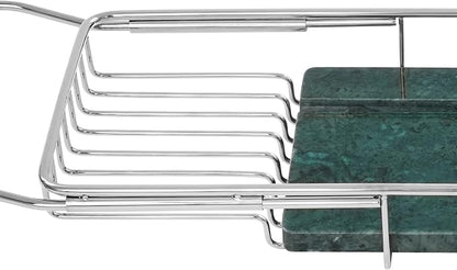 Expandable Bathtub Tray Caddy for Luxury Bath, Extra Wide Acrylic Tub Tray with Natural Marble Board, Waterproof Bath Tub Shelf for Phone, Wine, Book, Tablet Stand - Ideal Home Spa (Silver, Green)