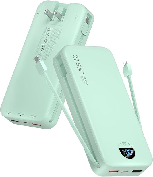 Portable Charger Power Bank, 20000mAh 22.5W USB C Fast Charging with Built-in Cables & Wall Plug, External Battery Pack with LED Display, Travel Essential for iPhone, iPad, Samsung Green