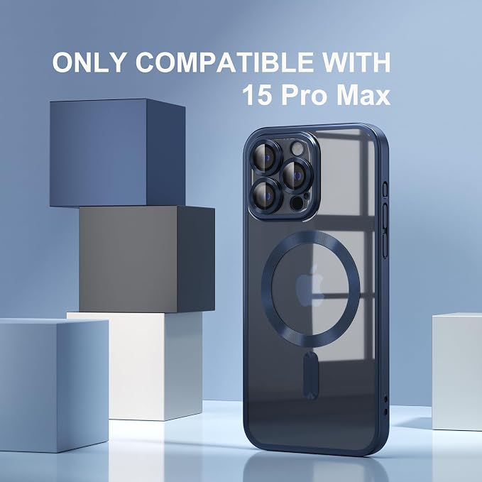 Misea Magnetic for iPhone 15 Pro Max Case [Never Yellowing] [Military Grade Drop Protection] Full Camera Lens Protector Soft Clear Phone Case for Women Girls, Titanium Blue