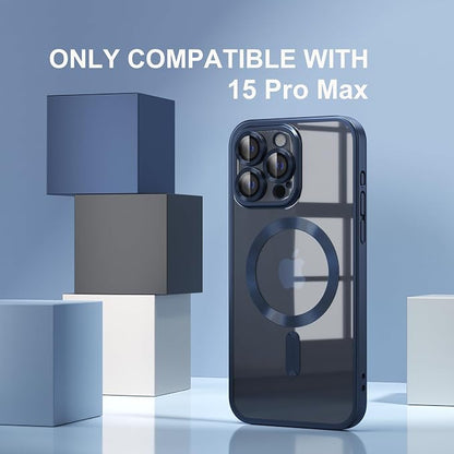 Misea Magnetic for iPhone 15 Pro Max Case [Never Yellowing] [Military Grade Drop Protection] Full Camera Lens Protector Soft Clear Phone Case for Women Girls, Titanium Blue