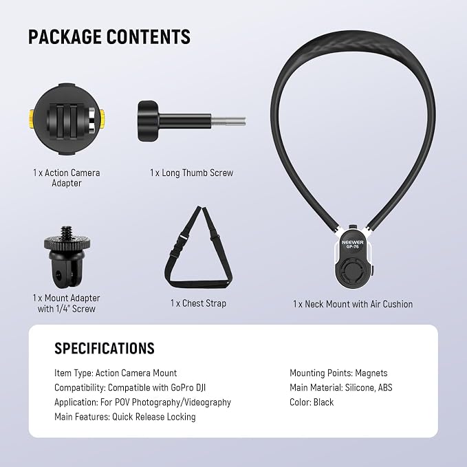 NEEWER GP-76 Magnetic Neck Mount Compatible with GoPro DJI Action Cameras, Quick Release Neck Holder with Air Cushion & Adjustable Chest Strap, Accessories Kit for POV Video Recording Vlogging