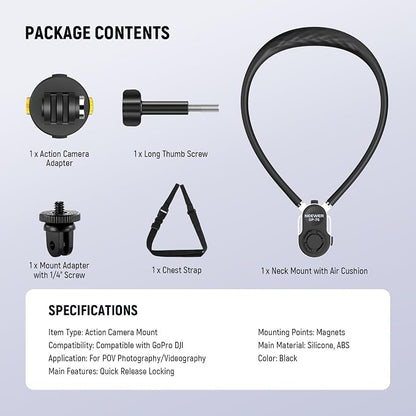 NEEWER GP-76 Magnetic Neck Mount Compatible with GoPro DJI Action Cameras, Quick Release Neck Holder with Air Cushion & Adjustable Chest Strap, Accessories Kit for POV Video Recording Vlogging