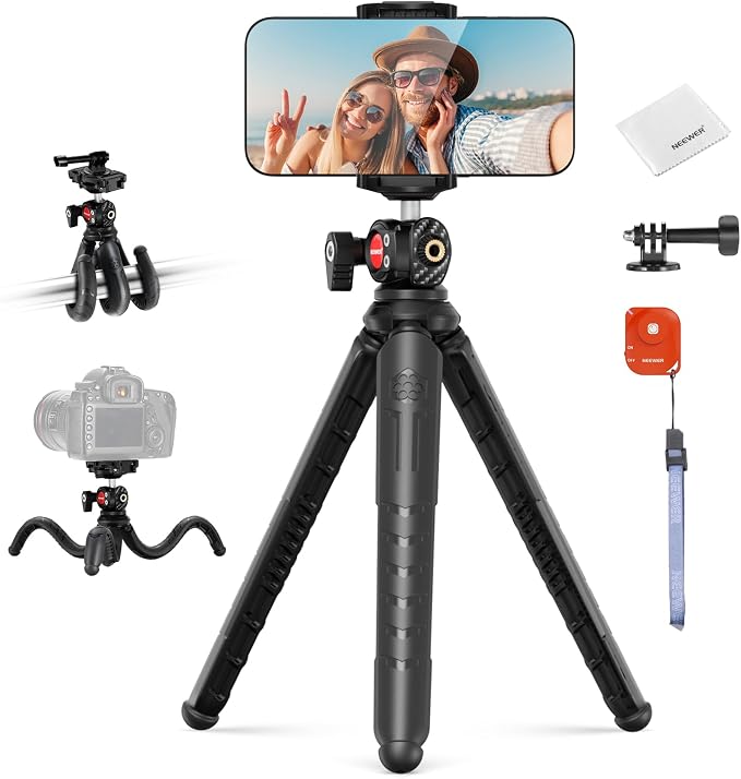NEEWER Mini Flexible Phone Tripod Stand Portable Vlog Selfie Stick with Remote/Cell Phone Holder/Action Camera Adapter/Cleaning Cloth for Video Recording, Compatible with GoPro Insta360 Camera, TP35