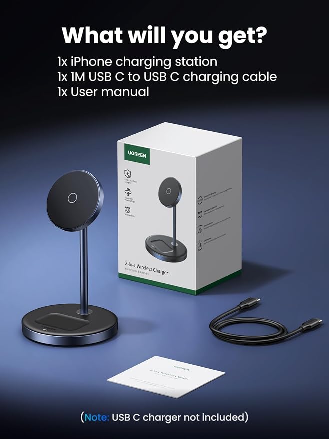 UGREEN MagFlow 2-in-1 Magnetic Wireless Charging Stand Fast Wireless Charger for iPhone 17 16 15 14 13 12 Series and AirPods, MagSafe Compatible Qi Charging Stand with 3 FT USB-C Cable (No AC Adapter)