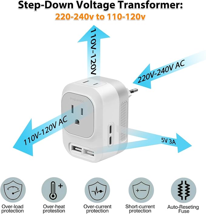 220V to 110V Voltage Converter US to Europe with 2 USB A 2 USB C Fast Charging, Power Converter for European Travel Universal International Travel Adapter for Italy Germany France Spain