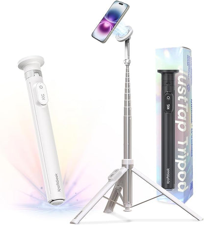 KraftGeek 66'' Magnetic Phone Tripod for iPhone MagSafe – Automatic Selfie Stick with Remote, Portable Tripod Stand for Video Recording, Travel, Vlogging (White)