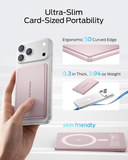 MOVE SPEED 0.3'' Ultra Slim MagSafe Portable Charger, 5000mAh Magsafe Battery Pack iPhone 17 Air Accessories, Magnetic Power Bank with USB C Port for iPhone 17 Pro Max Air/16/15/14/13/12, Pastel Pink