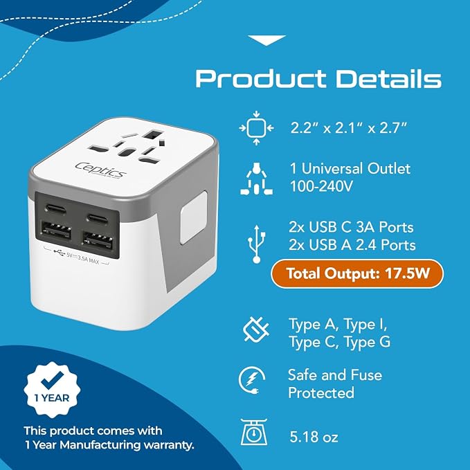 Ceptics Universal Travel Adapter for EU, UK, China, UAE, AU – International Power Adapter with Dual USB-C & USB-A – Ideal for Phone, Tablet & Smartwatch Chargers - Type A, C, G, I Plug Outputs | Universal Travel Adapter, Type A, C, G & I Plugs, Works i...