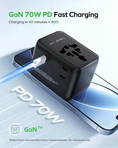 MOMAX Mini 7-in-1 Universal Travel Adapter, GaN 70W Dual AC, 3 USB-C PD & 2 USB-A QC, International Power Charger for 200+ Countries – Compact Travel Adapter for Laptop, Phone, UK/AUS/EU/JP Plug
