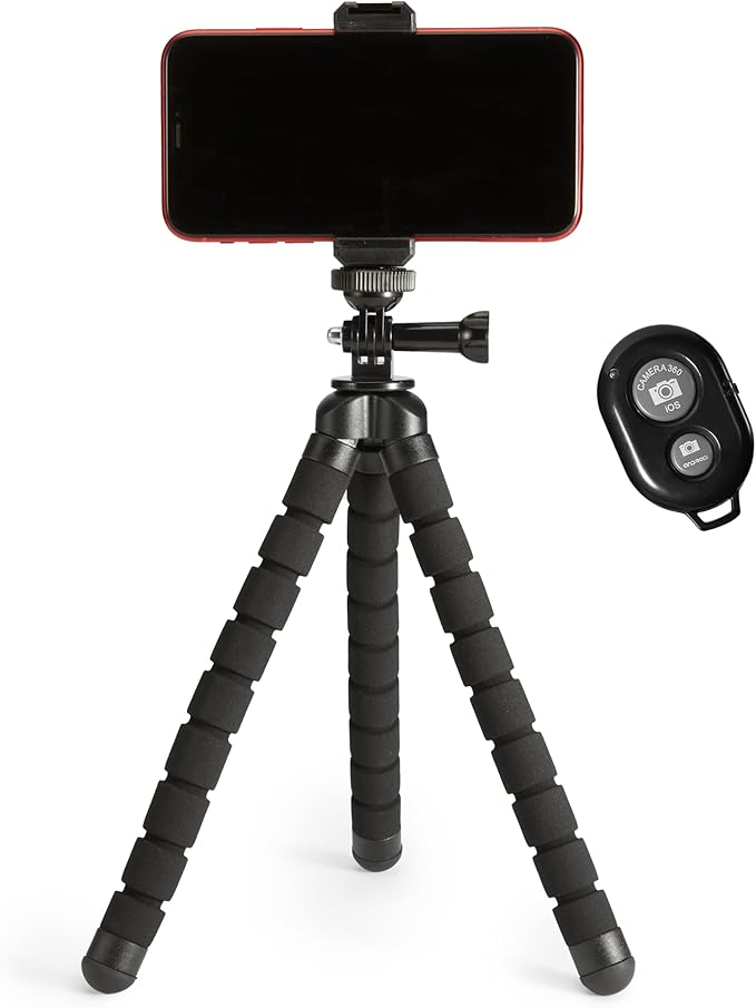 Amazon Basics Portable and Flexible Tripod with Wireless Remote and Smartphone Clamp, 10-inch, Black