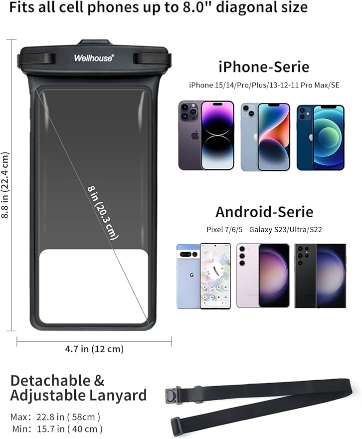 wellhouse Waterproof Phone Pouch, Waterproof Phone Case for iPhone 17 16 15 14 13 Pro Max XS Samsung, IPX8 3D Cellphone Dry Bag Beach Essentials (1 Pack - Black8.0, 8 inch)