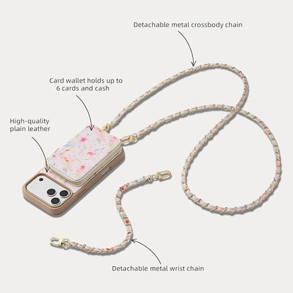 ZVE for iPhone 17 Pro Max Wallet Case Crossbody, Zipper Phone Cover with Chain Wrist Strap RFID Blocking for 6.9" Flower