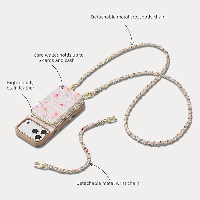 ZVE for iPhone 17 Pro Wallet Case Crossbody, Zipper Phone Cover with Chain Wrist Strap RFID Blocking for 6.3" Flower