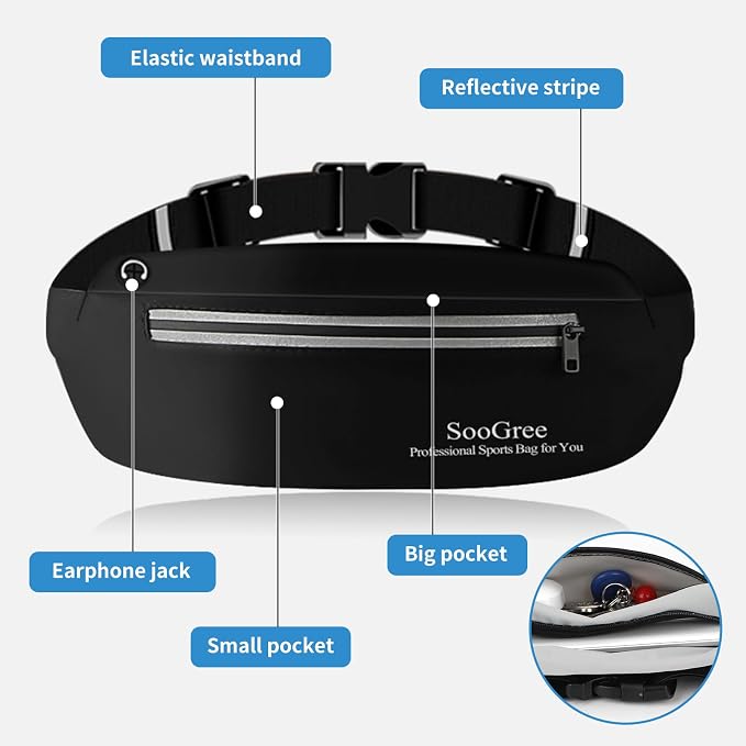 SooGree Running Waist Pack for Men Women, Lightweight Waterproof Sports Belt Bag, Phone Running Pouch, Night Reflective Fitness Storage Bag for Running Cycling Hiking Traveling (Black)