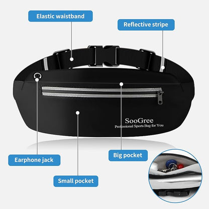 SooGree Running Waist Pack for Men Women, Lightweight Waterproof Sports Belt Bag, Phone Running Pouch, Night Reflective Fitness Storage Bag for Running Cycling Hiking Traveling (Black)