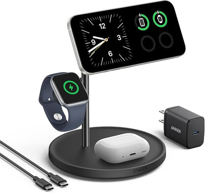 Anker MagSafe Charger Stand Compatible, iPhone 17 MagGo 3 in 1 Wireless Charging Station,Qi2 Certified 15W Wireless Charger, Desk Accessory, for iPhone 16/15/14/13 Series Apple Watch, AirPods