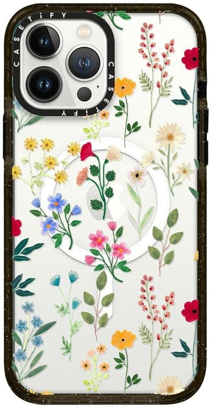 CASETiFY Impact iPhone 13 Pro Max Case [4X Military Grade Drop Tested / 8.2ft Drop Protection/Compatible with Magsafe] - Spring Botanicals 2 - Clear Black