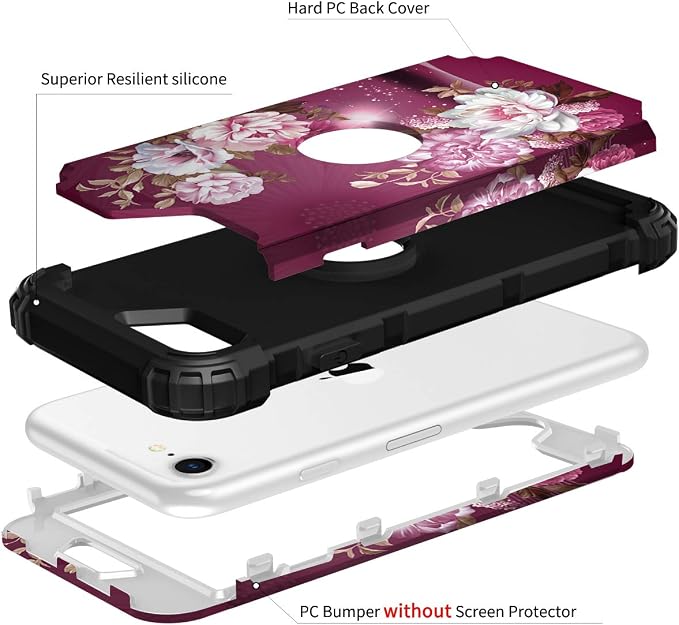 Hocase for iPhone SE 2022/2020 Case, Heavy Duty Shockproof Protection Hard Plastic+Silicone Rubber Hybrid Protective Case for iPhone SE 3rd/2nd Generation (4.7") - Royal Purple Flowers