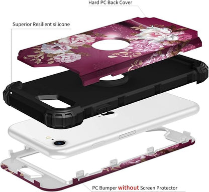Hocase for iPhone SE 2022/2020 Case, Heavy Duty Shockproof Protection Hard Plastic+Silicone Rubber Hybrid Protective Case for iPhone SE 3rd/2nd Generation (4.7") - Royal Purple Flowers