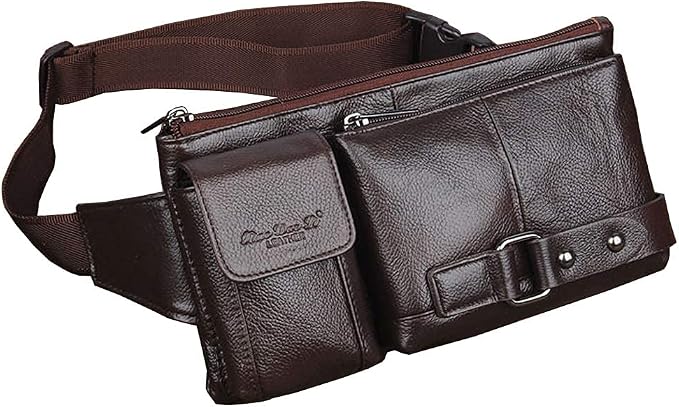 Hebetag Leather Waist Bag Fanny Pack for Men Hip Bum Belt Waist Purse Travel Hiking Walking Cell Phone Pouch Sling Chest Daypack, Coffee