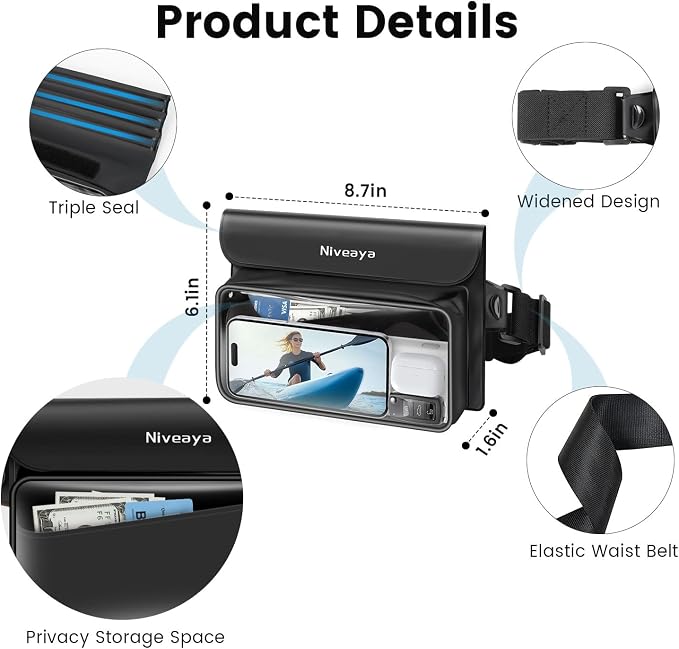 Niveaya IPX8 Waterproof Fanny Pack - 2 Pack, Floating Dry Bag Pouch, Phone Waterproof Waist Pouch Dry Bag, Beach, Kayaking, Swimming, Boat Essentials, for iPhone 17/16/15/14/13/12 Pro Max up to 9.5"