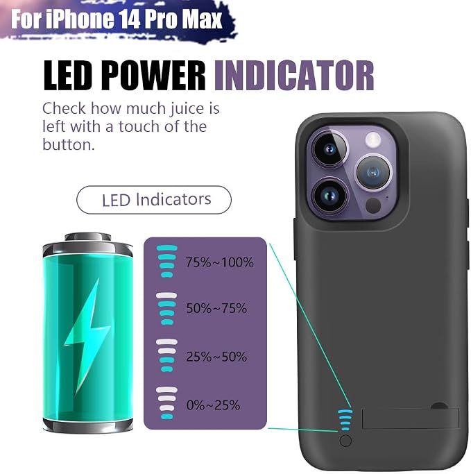 Battery Case for iPhone 14 Pro Max, 6000mAh Rechargeable Extended Battery Charging/Charger Case, Add 100% Extra Juice (6.7 Inches) Black