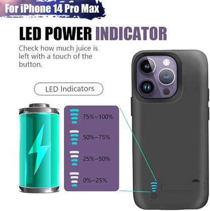 Battery Case for iPhone 14 Pro Max, 6000mAh Rechargeable Extended Battery Charging/Charger Case, Add 100% Extra Juice (6.7 Inches) Black