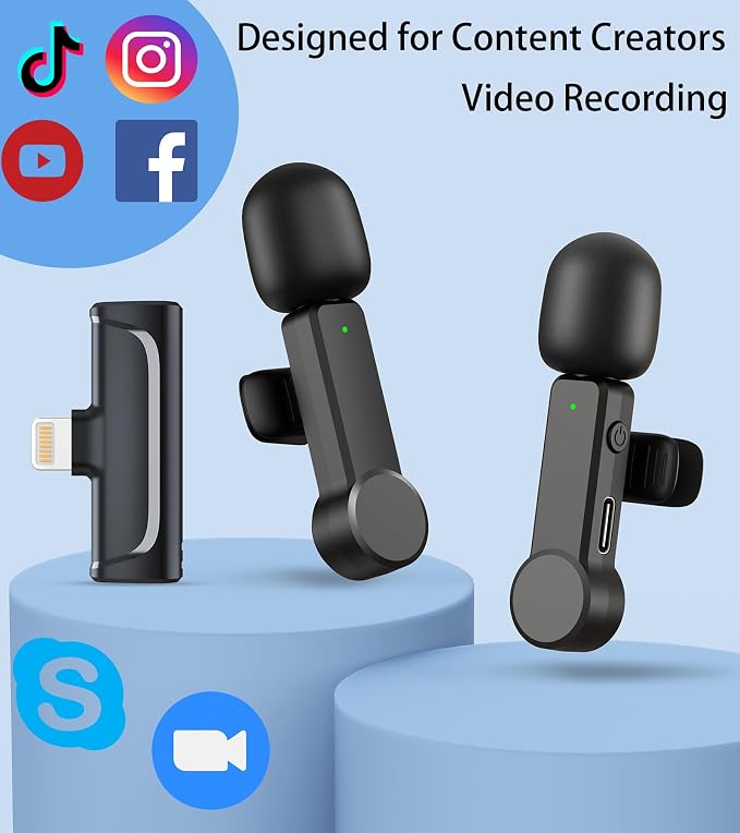 Wireless Microphone for iPhone and Android Phones - 2 Pack Cordless Lavalier Lapel Microphone Noise Canceling Lav Mic for Video Recording Vlog TikTok Instagram