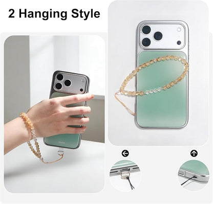 TEAMOLA Natural Stone Phone Charm, Handmade Crystal Cellphone Chain for Universal, Beaded Healing Anti Theft Phone Wrist Strap with Tether Tab, Citrine & Clear Quartz