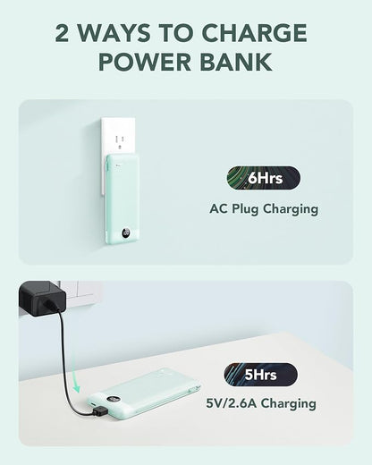 VRURC Portable Charger Built-in Cables and AC Wall Plug, USB C Power Bank 10000mAh, Travel Battery Portable Phone Charger Compact Lightweight External Battery Pack for Smart Phones, Tablets etc-Green