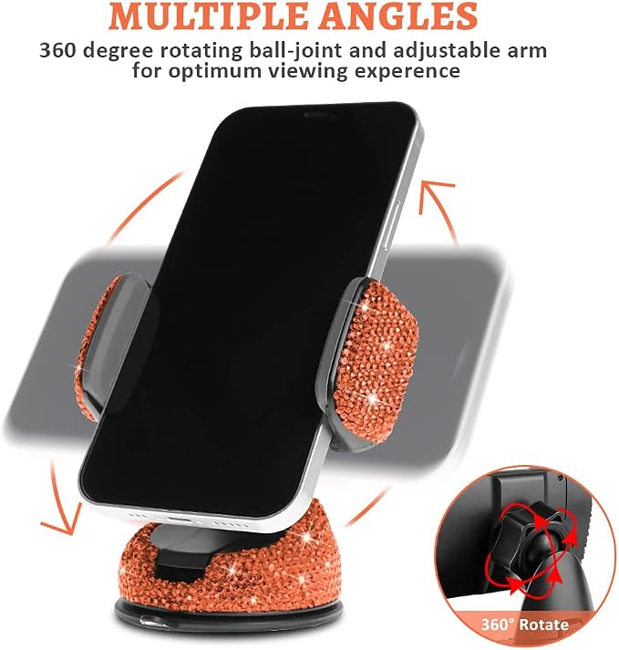 eing Car Phone Mount Cell Phone Holder with One More Air Vent Base,Bling Crystal Universal Phone Mount Holder Cradle for Dashboard,Windshield and Air Vent,Orange