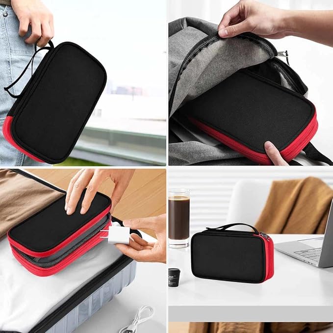 ZINMARK Portable Cable Organizer Case,Travel Pouch with Double-Layer Storage for Cables,Chargers,Earbuds & Phone,Black Red– Small Size