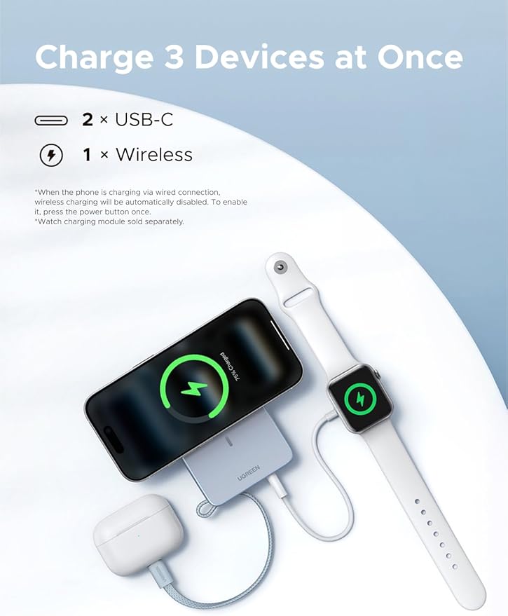 UGREEN MagFlow 10,000mAh Power Bank, Qi2 25W Certified Wireless Charging, Magnetic Portable Charger for MagSafe with Built-in Cable, 30W USB-C Battery Pack for iPhone 17 Pro Max/16/15/14/13/12