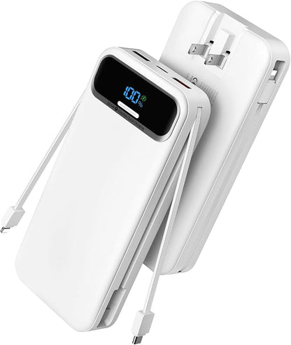 Nusyddy Portable Charger 20000mAh 22.5W w/Built-in Cables & Wall Plug White | 22.5W Fast Charging, High Capacity, LED Display, Charge 5 Devices at once, TSA Approved, Compatible with iPhone/iPad/Samsung