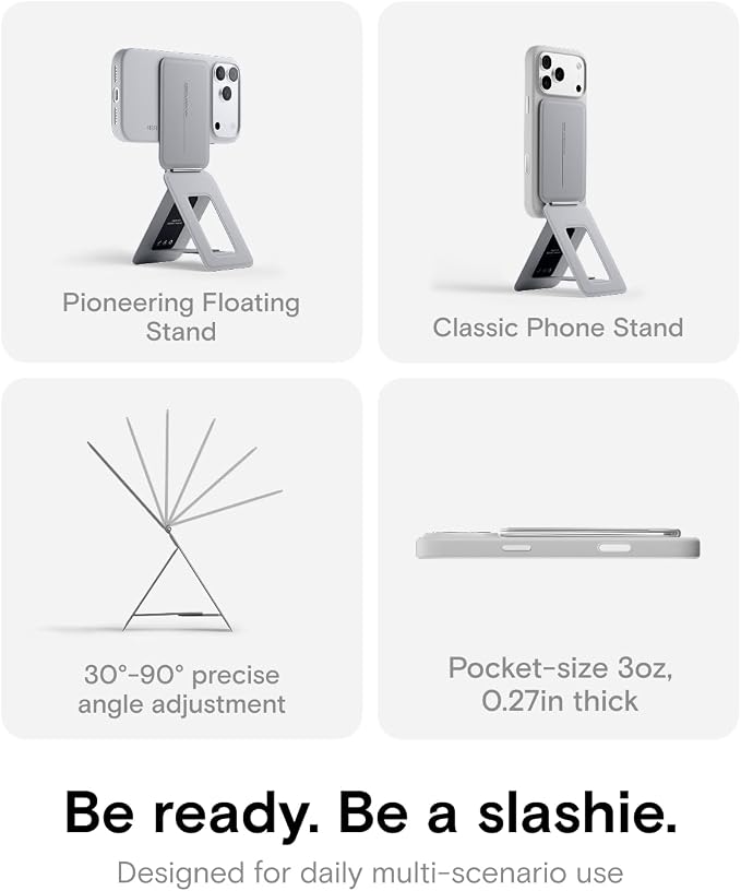 MOFT Phone Tripod Stand Selfie Stick for iPhone, Multi-Angles iPhone Stand, Lightweight & Portable Phone Holder, Strong Magnets, MOVAS Vegan Leather, Travel Essentials, Cement (Without Card Slot)