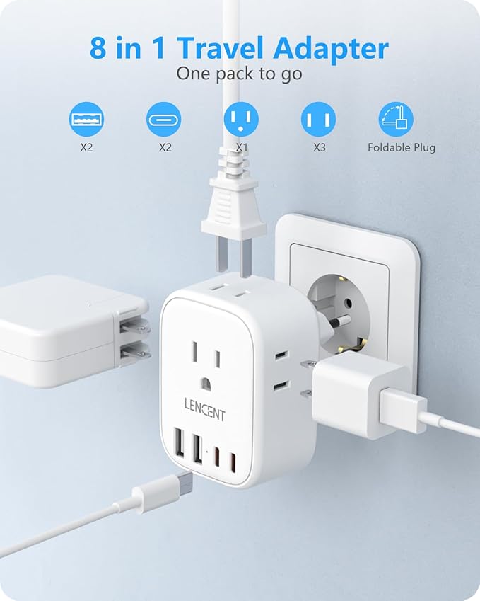 LENCENT European Travel Plug Adapter US to Europe Type-C Foldable Plug | with 4 Outlets 4 USB Ports (2 USB C), Power Adaptor for USA to EU Euro Iceland Spain Italy France Germany Greece Portugal