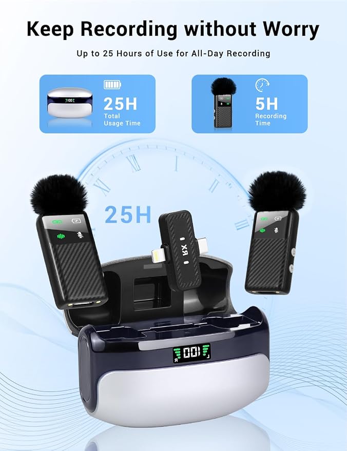 Kairiyard Wireless Mini Lavalier Microphone for iPhone iPad Android Phone, Noise Reduction, 25H Battery Charging Case, Plug and Play Magnetic Clip on Lapel Mic for Video Recording Podcast Vlogging