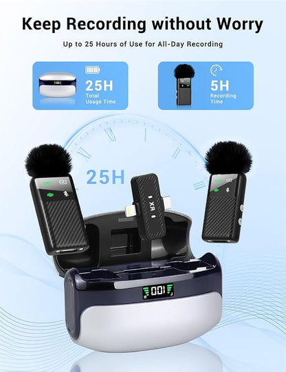 Kairiyard Wireless Mini Lavalier Microphone for iPhone iPad Android Phone, Noise Reduction, 25H Battery Charging Case, Plug and Play Magnetic Clip on Lapel Mic for Video Recording Podcast Vlogging
