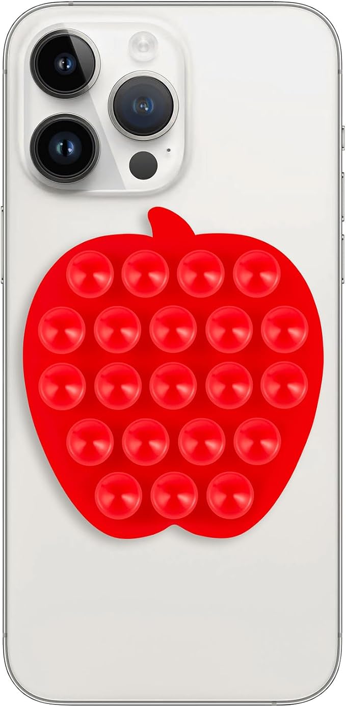 CIEO Silicone Phone Grip, 21 Suction Cups, Suitable for Selfies and Videos on Mirrors, bathrooms and Smooth Surfaces, Compatible with iPhone, Samsung(Apple Shaped, Red)