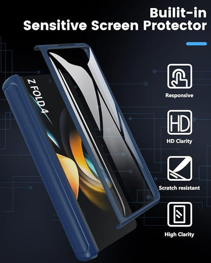 Viaotaily Galaxy Z Fold 4 5G Case with Card Holder & Hinge Protection, Built-in Slide Camera Lens Cover & Screen Protector, Durable Sturdy Phone Cover Case for Samsung Galaxy Z Fold 4 5G 2022 (Blue)