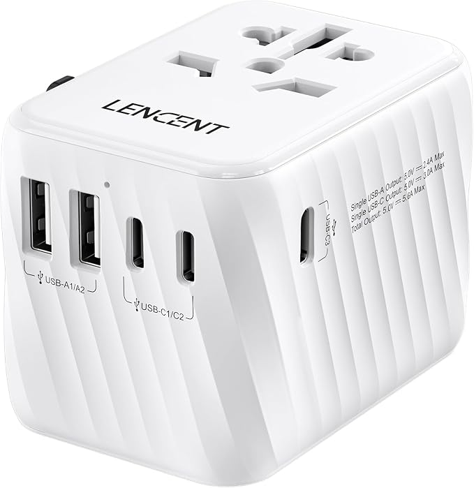 LENCENT Universal Travel Power Adapter, International AC Plug Adaptor | with 3 USB C 2 USB A Ports Wall Charger Worldwide Travel Essentials for US to EU UK Ireland Australia (Type C/G/A/I) White
