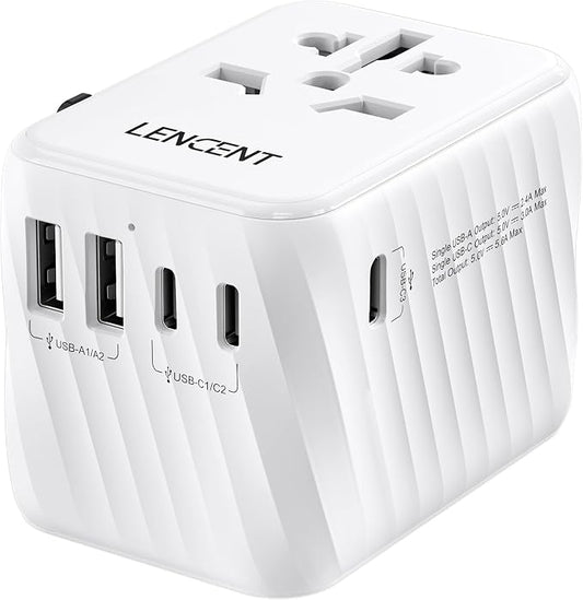 LENCENT Universal Travel Power Adapter, International AC Plug Adaptor | with 3 USB C 2 USB A Ports Wall Charger Worldwide Travel Essentials for US to EU UK Ireland Australia (Type C/G/A/I) White