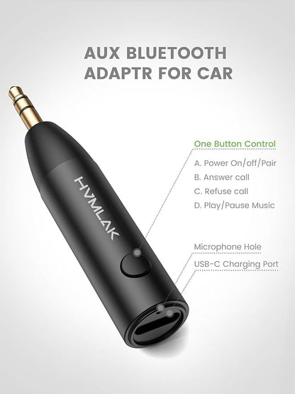 Bluetooth 5.4 Car Aux Adapter with Enhanced Microphone, 3.5mm Jack for Car Home Stereo, USB-C Charging, Sturdy Case, 1 Piece