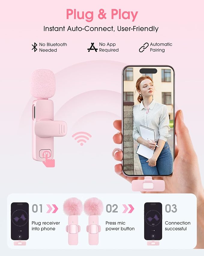 Mini Wireless Lavalier Microphone for iPhone 16/15/14/Android, Lapel Mic with Noise Reduction, 12H, 65ft, Pink Tiny Microphone Content Creator Interview for Vlog YouTube TikTok Recording (Pink)