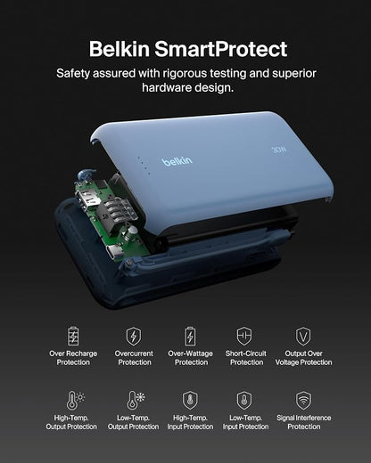 Belkin Power Bank with Integrated Cable, Fast Charging USB-C, 20000 mAh 30W, Portable Charger Power Bank USB C for iPhone 17, Air, Pro, Pro Max, iPad, AirPods, Apple Watch, Galaxy S25, & More - Blue